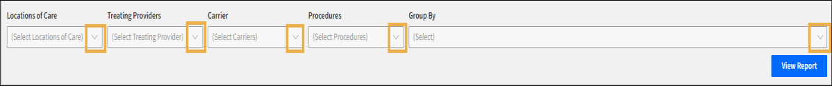 Report selection options with yellow highlight boxes around the drop down menu arrows.